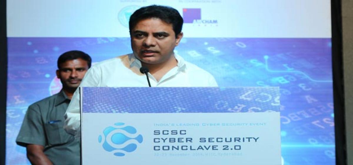 Telangana IT and Industries Minister K T Rama Rao delivering his address at the SCSC Cyber Security Conclave 2.0 in Hyderabad on Tuesday