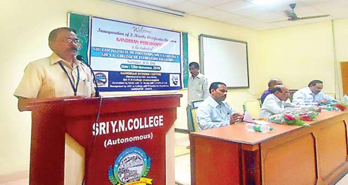 Dr KVCS Appa Rao addressing the students at  YN College in Narsapur on Friday