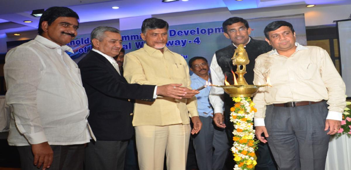 Chief Minister N Chandrababu Naidu lighting the lamp at the stakeholders summit for Development of National Waterway Programme in Vijayawada on Thursday. IWAI chairman Amitabh Verma (second from right) and Minister for Water Resources Management Devineni Uma Maheswara Rao (left) are also seen