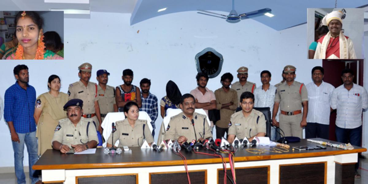 District SP Palaraju producing the accused before the media in Vizianagaram on Tuesday. (Top left) Saraswati (right) Gowri Sankara Rao