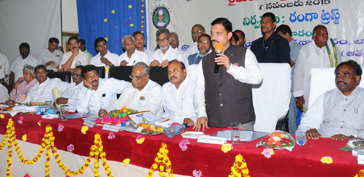 Union Minister of State for Science and Technology Sujana Chowdary addressing farmers at a meeting in Guntur on Saturday