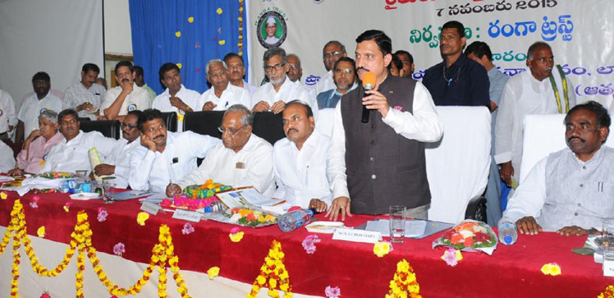 Union Minister of State for Science and Technology Sujana Chowdary addressing farmers at a meeting in Guntur  on Saturday