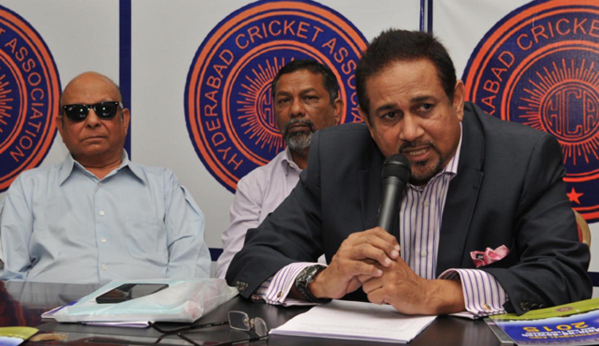HCA President Arshad Ayub, Secretary and K John Manoj announcing the schedule of Moin-ud-dowlah Gold Cup cricket tournament in Hyderabad on Monday. Photo: Hrudayanand