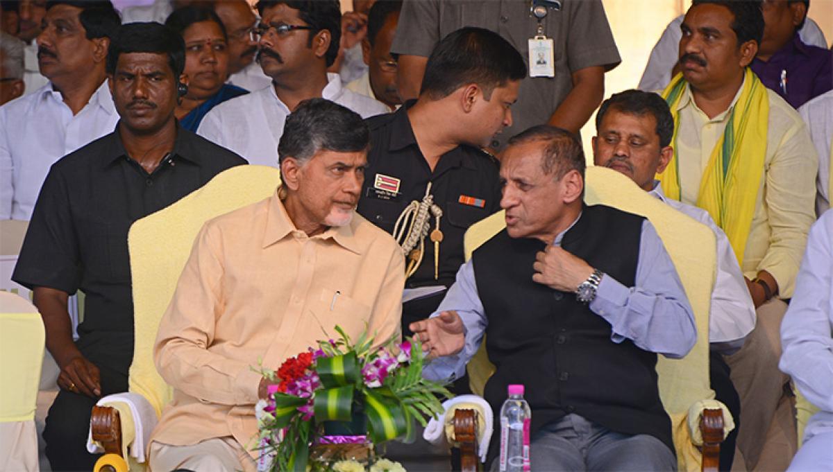 CM Chandrababu Naidu with Governor Narasimhan at Mahasankalpam meeting in Guntur on Monday