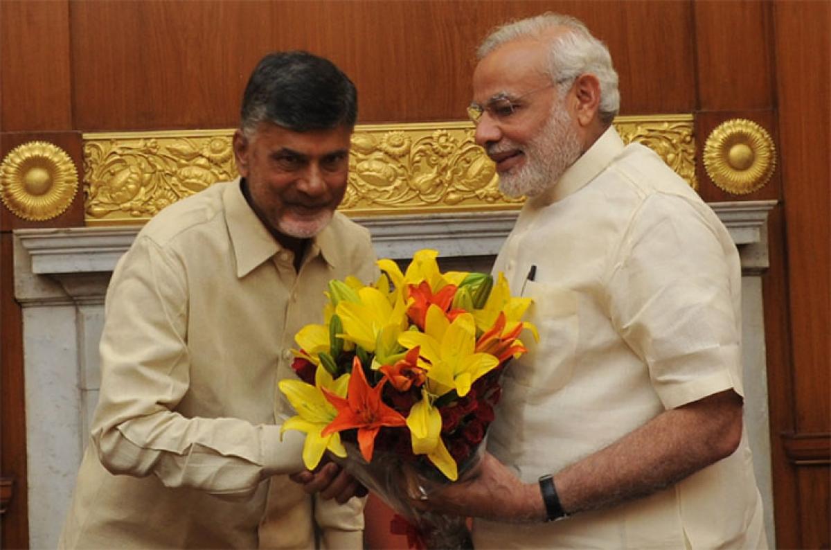 Chief Minister N Chandrababu Naidu greeting Prime Minister Narendra Modi in New Delhi on Tuesday