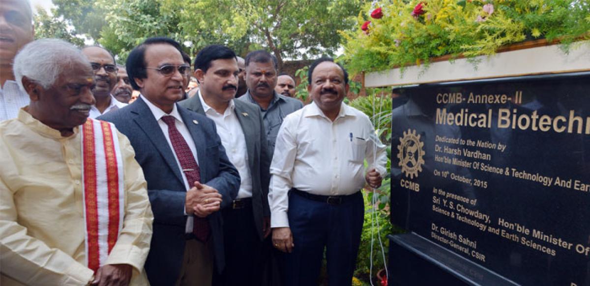 	Union Minister for Science and Technology Harsh Vardhan dedicating the Medical Biotechnology Complex at CCMB to the nation on Saturday. Union Minister for State for Science YS Chowdary, Labour Minister B Dattatreya and CCMB Director Ch Mohan Rao also seen.