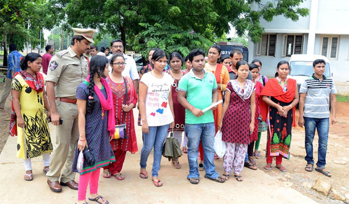 Victims of Cooch Bihar district at the SP office, Eluru on Monday