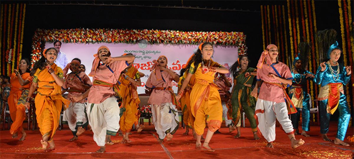 School children performing a dance programme at Ravindra Bharathi on Saturday on the occasion of Teachers Day