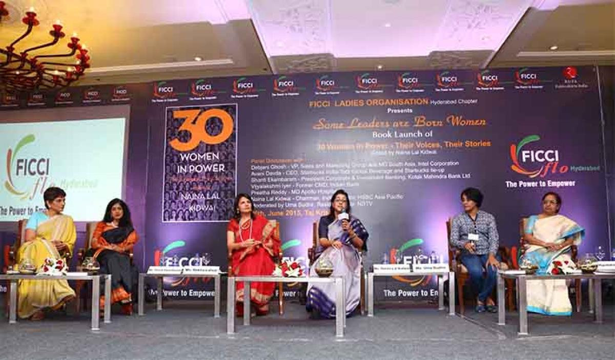 (From left) Preetha Reddy, Shanti Ekambaram,  Rekha Lahoti, Naina Lal Kidwai , Uma Sudhir and  Vijayalakshmi Iyer