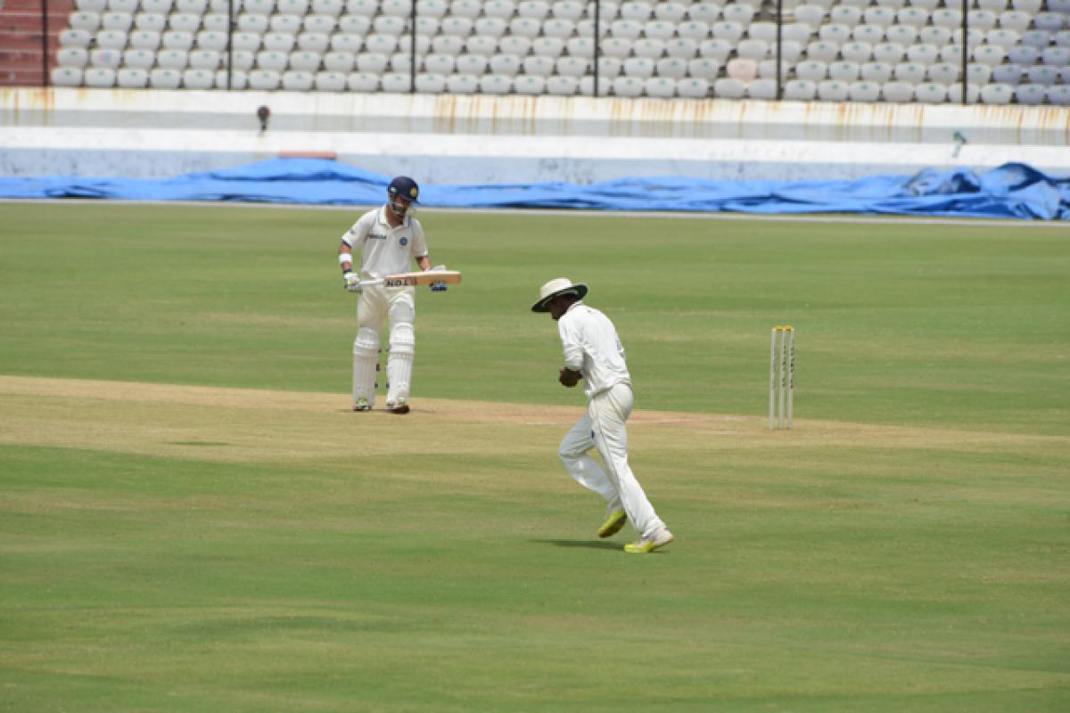 ONGC opener Gautam Gambhir looks dejected after being caught by Baba Aparajith of  India Cements in the All India Coromandel King Moin-ud-Dowlah Gold Cup Invitation Cricket Tournament at Rajiv Gandhi International Cricket Stadium (RGICS) in Hyderabad on Thursday. Photo: Hrudayanand