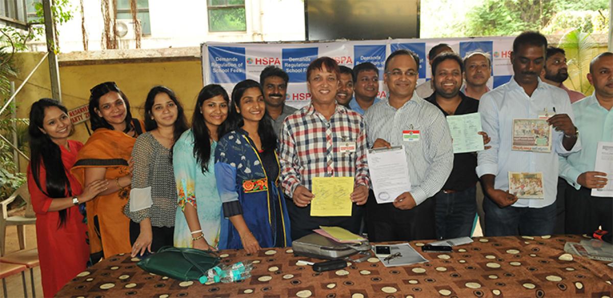 Members of HSPA displaying some documents and press clippings at a press meet in Hyderabad on Tuesday 