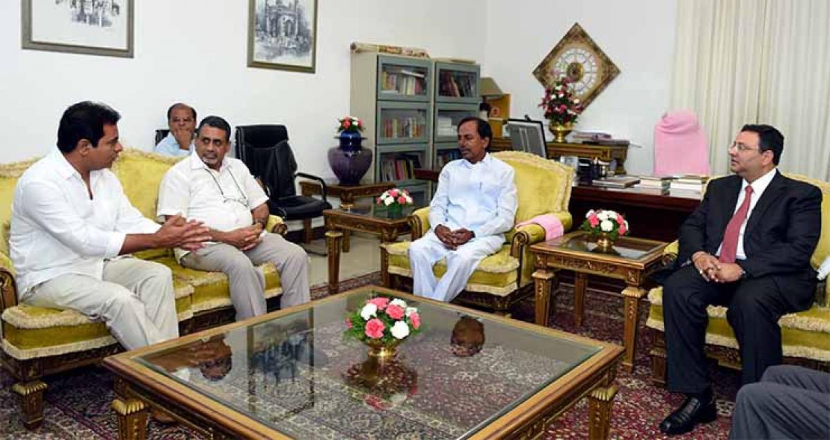 The Chairman of TATA Group, Cyrus Mistry, at a meeting with Chief Minister  K Chandrashekar Rao at his camp office on Thursday. IT Minister  K T Rama Rao and Chief Secretary Rajiv Sharma are also seen 