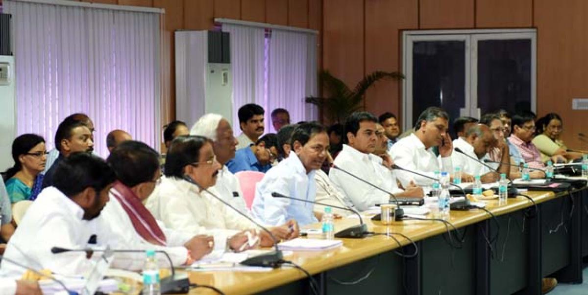 Chief Minister K Chandrashekar Rao holding a review meeting with his Cabinet colleagues and higher officials in Hyderabad on Thursday 