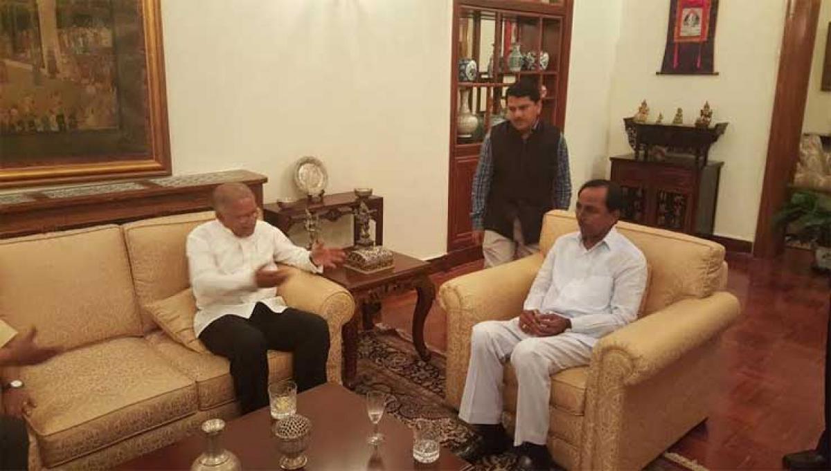  Chief Minister K Chandrashekar Rao with the Indian Ambassador in Beijing, Ashok K Kantha, on Friday 