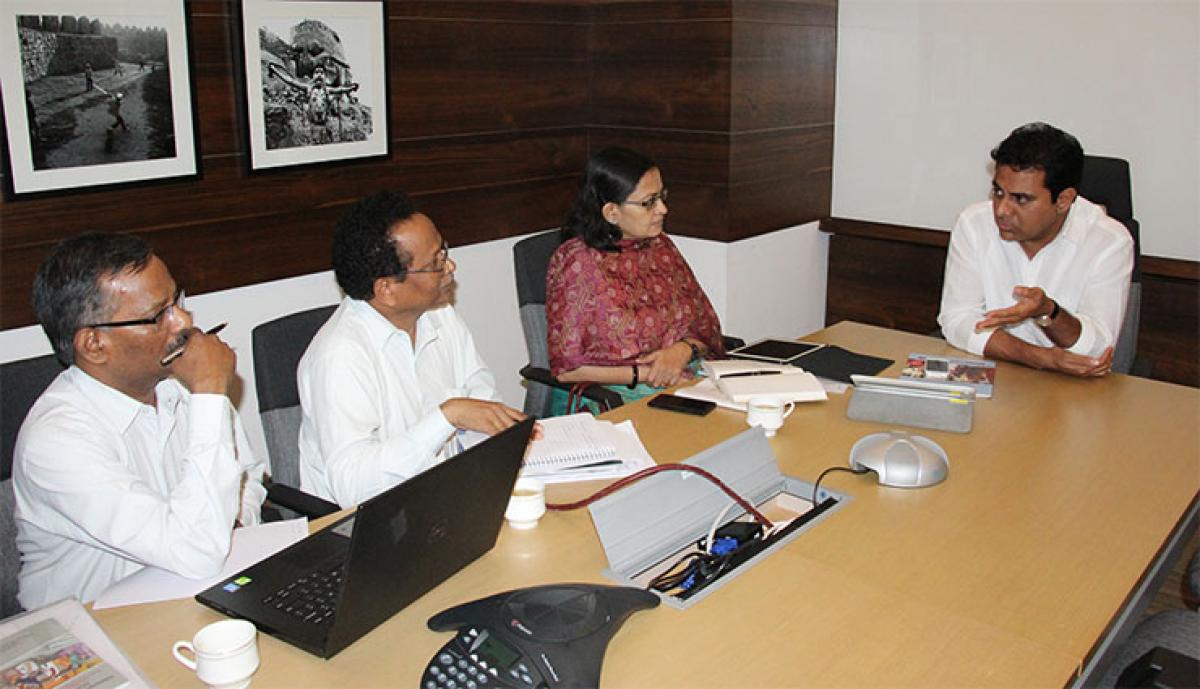 IT Minister K T Rama Rao holding a review meeting with higher officials in Hyderabad on Saturday 