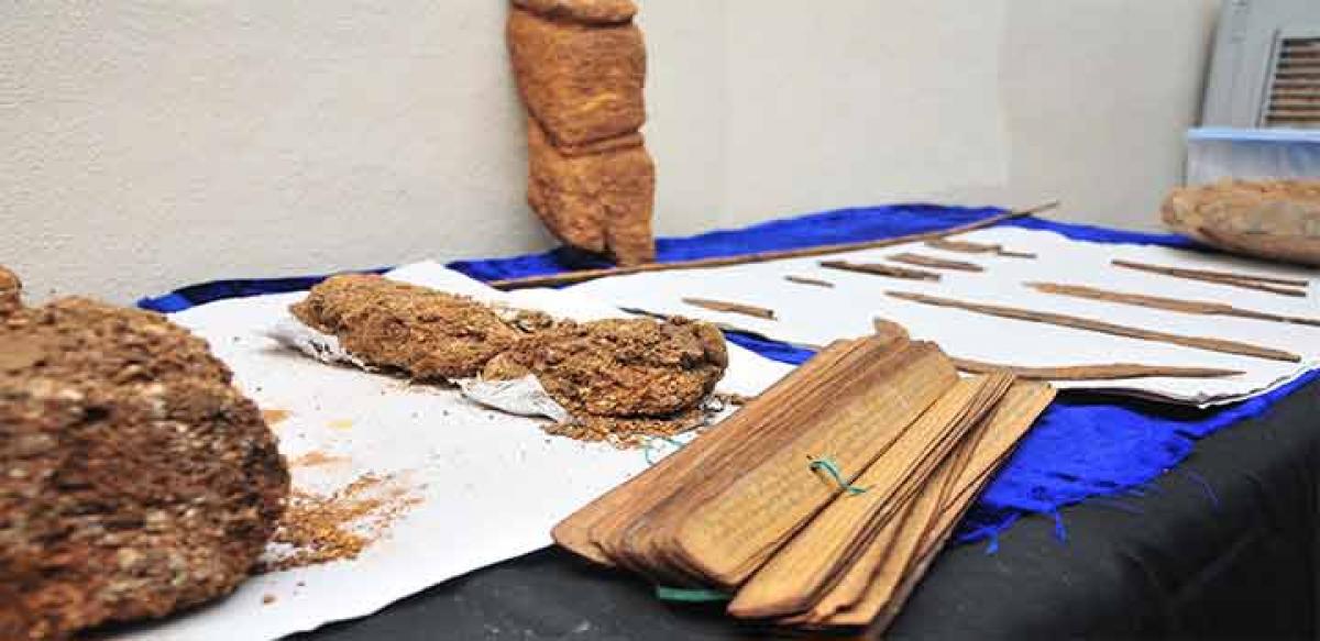 New discoveries by Department of Archaeology & Museum on display at its Director&rsquo;s office at Gunfoundry in Hyderabad on Wednesday
