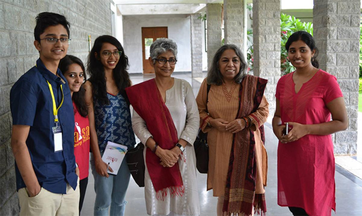 Nalsar students seen with noted documentary film-maker Deepa Dhanraj and authors Urvashi Butalia and Amit Chaudhuri during the festival 