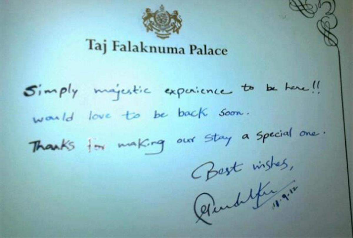 Sachin’s message at the Falaknuma Palace when he spent a couple of days in 2012
