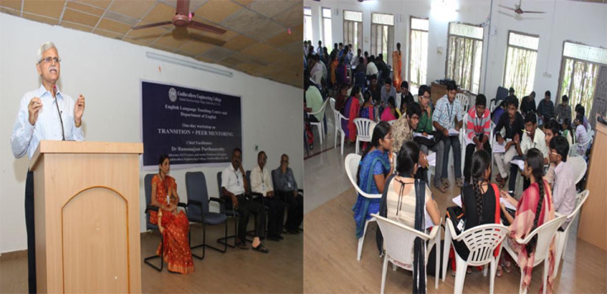  Dr P Ramanujam, Director, English Language Teaching Centre, delivering his address at the launch of the Centre’s R&D project on peer mentoring at Gudlavalleru Engineering College (GEC) campus in Krishna district.(Right). A mentoring workshop in progress 