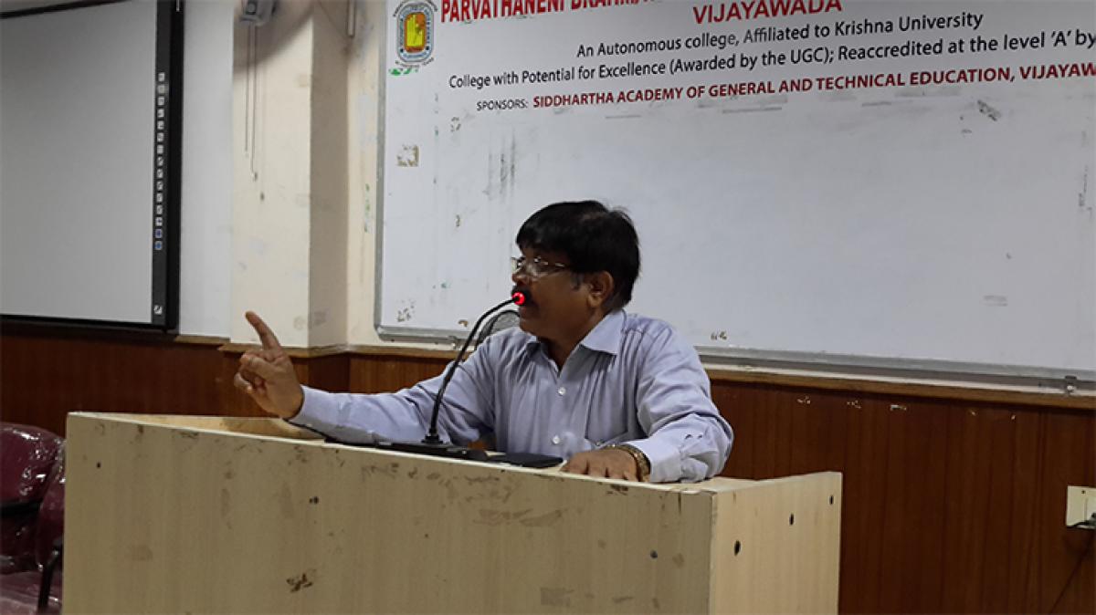 Acharya Nagarjuna University former registrar, MVN Sarma addressing the gathering 