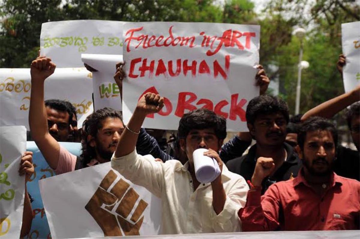 Students protest against appointment of Gajendra Chauhan as chairman of FTII, at JNTU in Hyderabad on Tuesday 