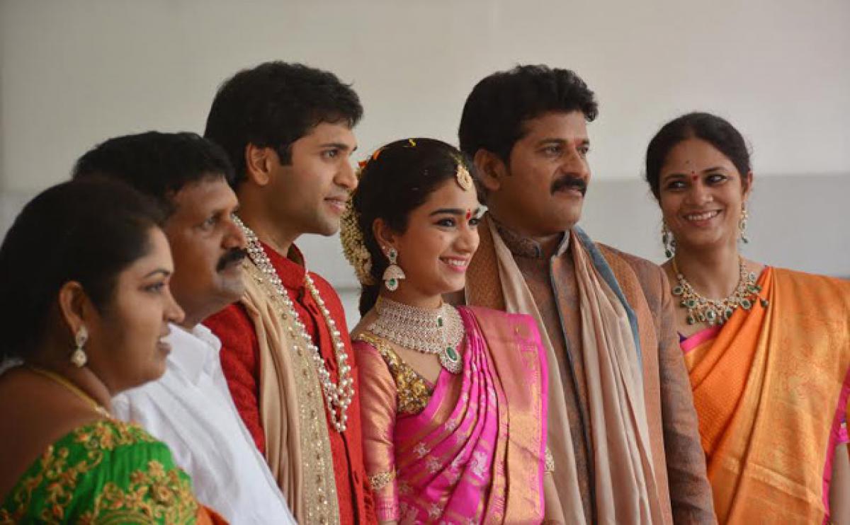 TDP MLA A Revanth Reddy with his wife Geetha, daughter Nymisha, groom Satyanarayana Reddy and others during Nymisha&rsquo;s engagement ceremony at N-Convention Centre  in Hyderabad on Thursday. (Right) AP Chief Minister N Chandrababu Naidu coming to attend the ceremony.  Photos: Ch Prabhu Das