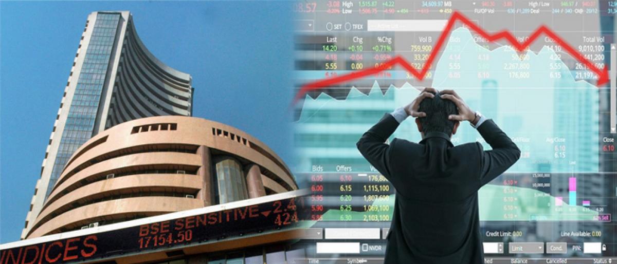 Image result for Global cues, rupee dent equity indices; Sensex down over 400 points