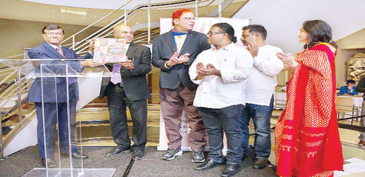 Consul General of India  Dnyaneshwar Mulay, B V Paparao,  B Narsing Rao,  Laxman Aelay,  Anand Gadapa and Rasika Reddy on the eve of  &lsquo;Art@Telangana&rsquo; book launch at Rubin Museum of Art, New York