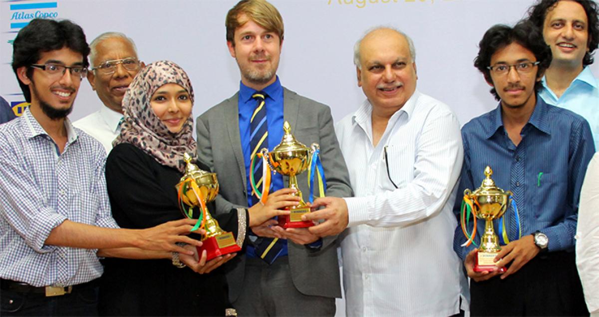 Syed Mustafa Hashmi, Syed Murtuza Hashmi and Syed Asna Hashmi from NTR University of Health Sciences pose with Mikael Johansson, Second Secretary, Embassy of Sweden India and Zafar Javeed, Secretary of Muffakham Jah College of Engineering and Technology, on Saturday. Photo: Hans