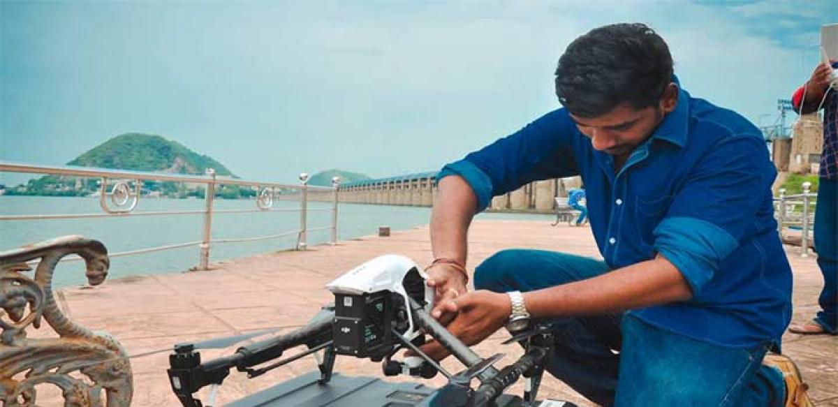 K Dharani Kumar was clicked while setting the drone before the shoot