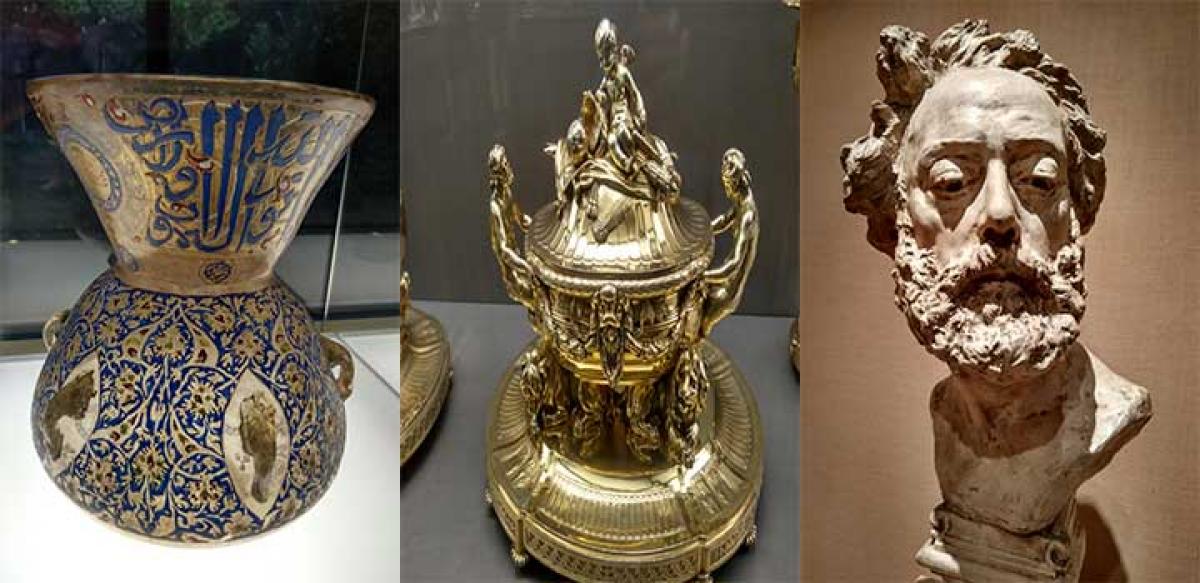 Mamluk Mosque lamps from Egypt, Gold dinner set, Sculpted bust 