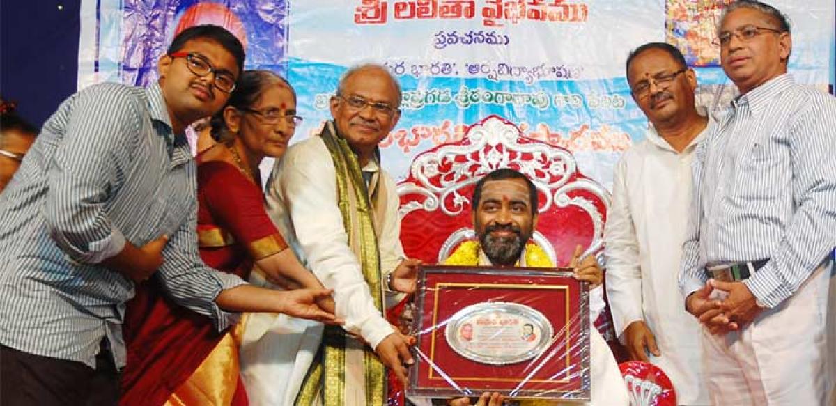 Madhura Bharati, Mallapragada Srimannarayana felicitation to to Samavedam Shanmukha Sarma at Ghantasala Venkateswara Rao Music and Dance College in Vijayawada on Sunday.