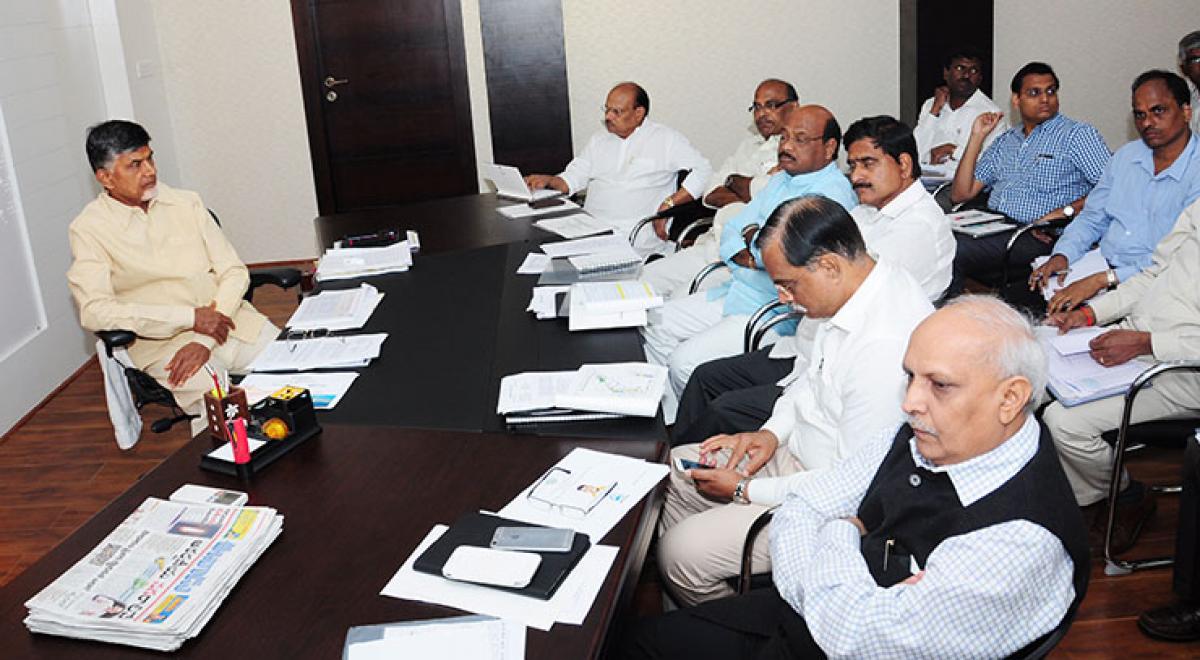 Chief Minister N Chandrababu Naidu participating in a review on Neeru-Chettu programme at his camp office in Vijayawada on Friday
