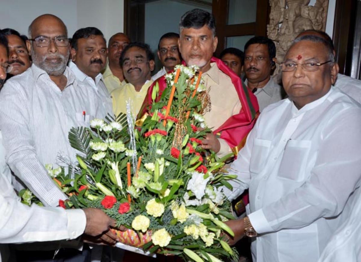 Telugu Desam president N Chandrababu Naidu welcomes Dokka Manikya Vara Prasada Rao into party in Hyderabad on Sunday