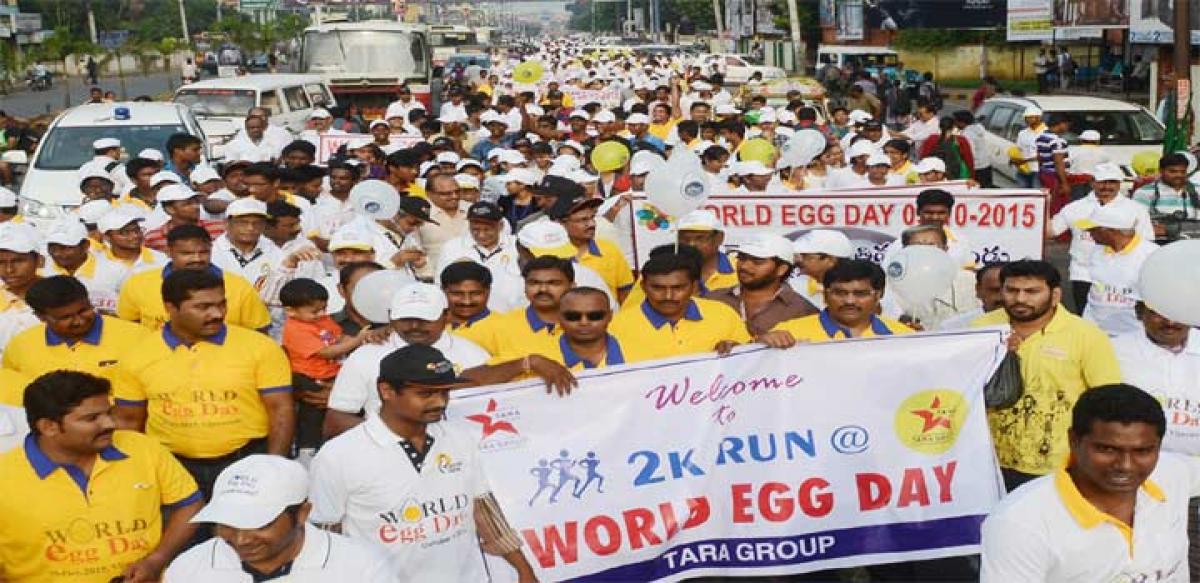 People from all walks of life participating in a `2K Run’ organised in Vijayawada on Friday to mark World Egg Day (Hans Photo N Kishore)