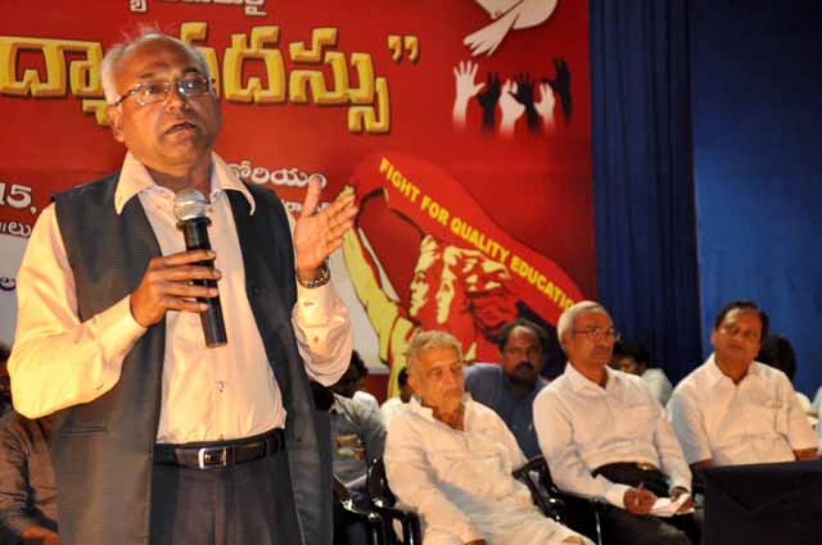 Well-known rights’ activist Prof Kancha Ilaiah speaking at a seminar on education at Osmania University in Hyderabad on Sunday