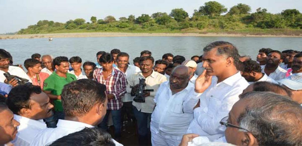 Irrigation Minister T Harish Rao inspecting the penganga project site in Adilabad  on Thursday