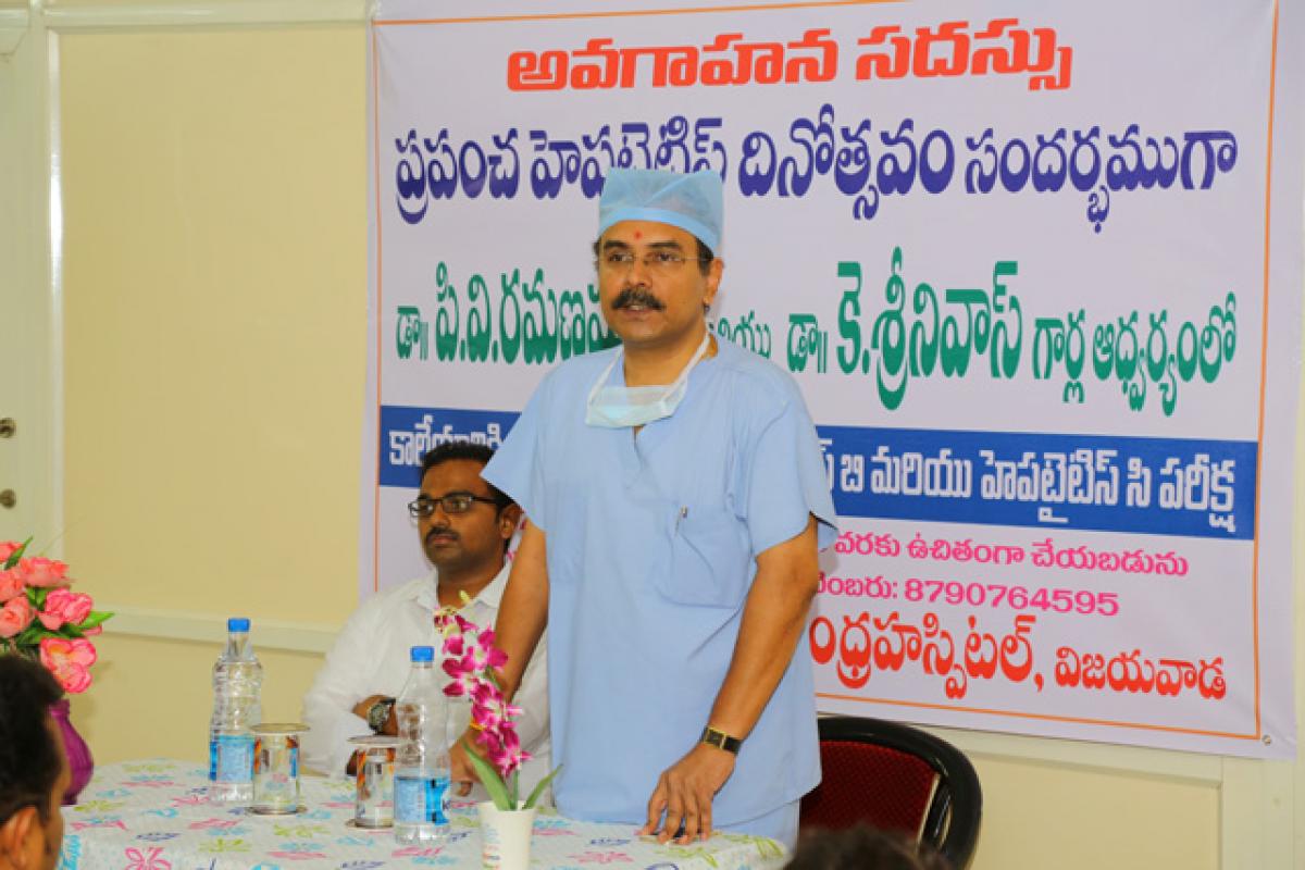 Dr PV Ramana Murthy, managing director of Andhra Hospitals, speaking at an awareness programme on Hepatitis