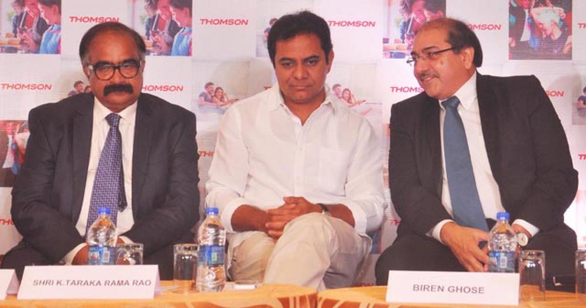 A Gopal Krishna, CEO, Resolute Electronics, Telangana IT Minister K Taraka Rama Rao, and Biren Ghose, Country Head, Technicolor India, addressing media in Hyderabad on Tuesday