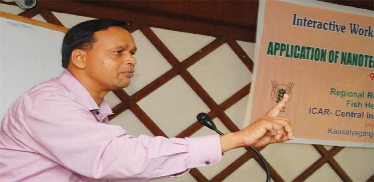 ICAR Principal Scientist P Swain speaking at a workshop on ‘Application of Nanotechnology in Aquaculture and Fisheries’ in Vijayawada on Friday (Hans Photo: N Kishore)