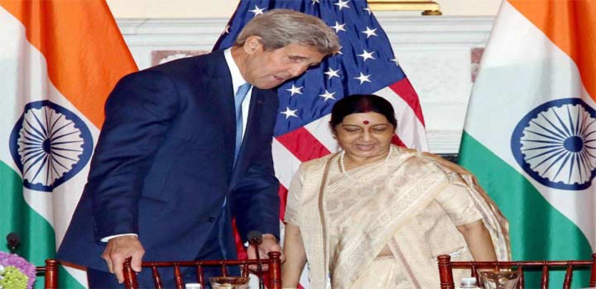 External Affairs Minister Sushma Swaraj and US Secretary of State John Kerry during  India-US Strategic & Commercial Dialogue at the US State Depertment in Washington DC on Tuesday