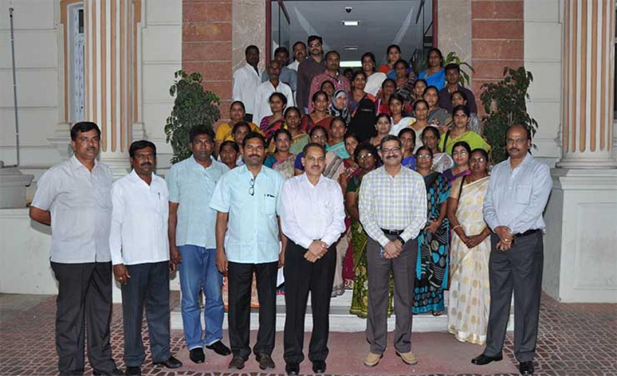Telangana Director General of Police Anurag Sharma along with the family members of police martyrs  at the police headquarters in Hyderabad on Wednesday