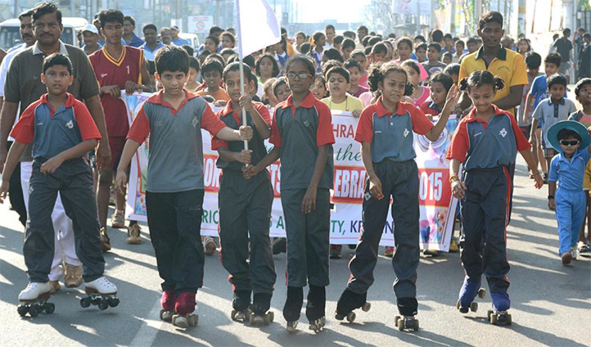 Students participating in a rally, in Vijayawada, on Saturday. (Photo N Kishore)