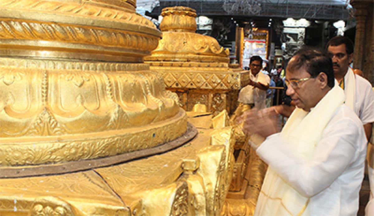 AP State Assembly Speaker Kodela Sivaprasada Rao offering prayers at the Dhwaja Stambham at Tirumala temple on Saturday