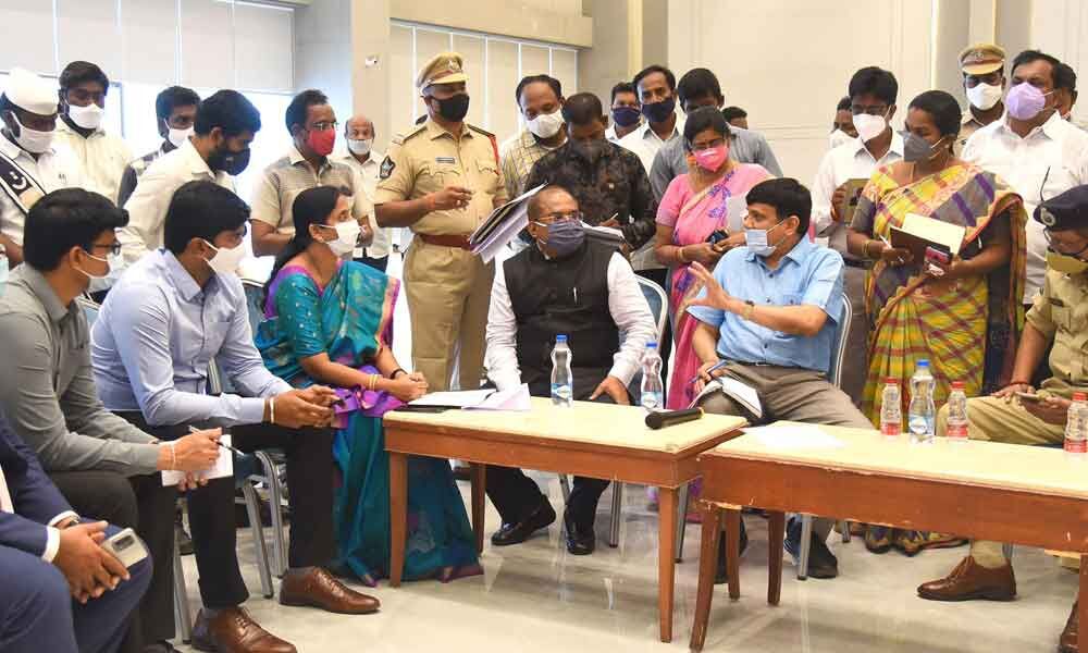 Principal Secretary Ajay Jain, Krishna District Collector A MD Imtiaz and other officials inspecting the arrangements for Chief Minister’s programme a resorts in Poranki near Vijayawada on Friday