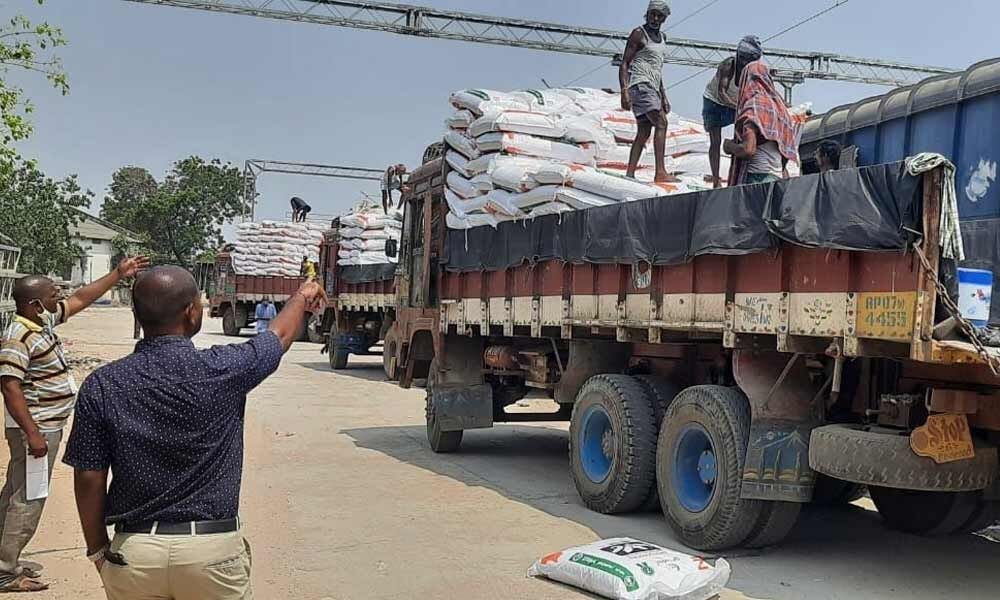 Fish feed being loaded into Railway wagons near Gudivada, Vijayawada railway division on Wednesday night