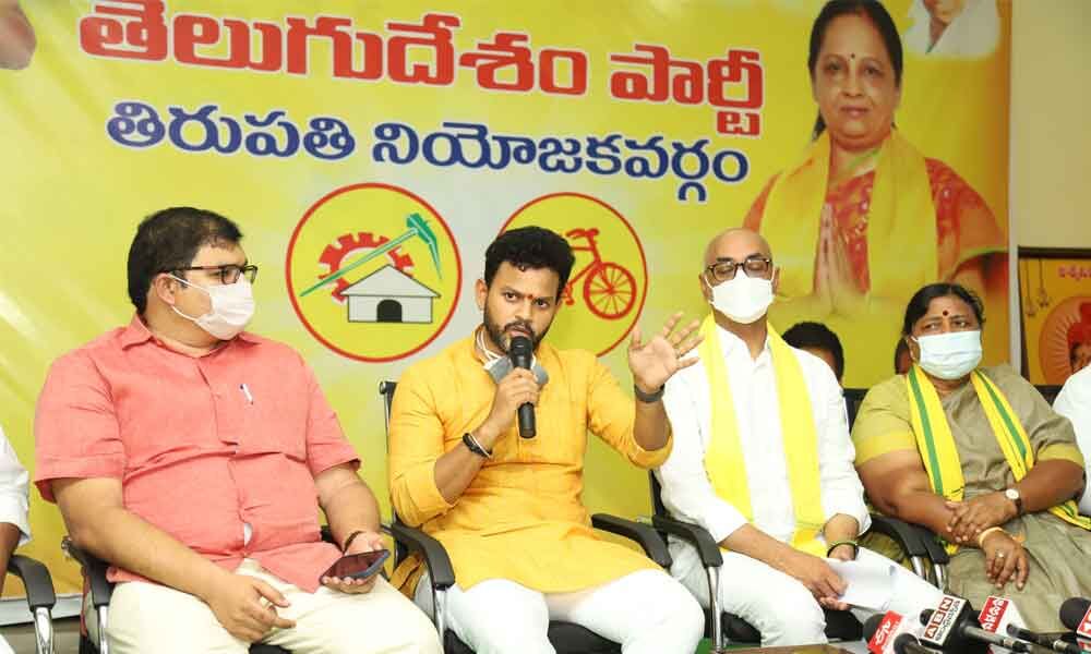 MP K Rammohan Naidu addressing media at party office in Tirupati on Friday