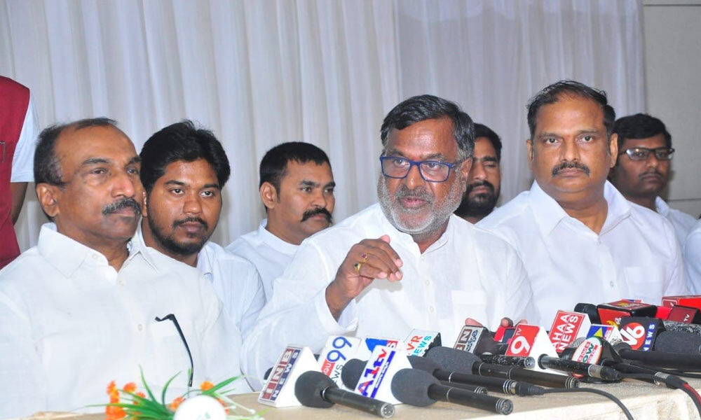 Konda Raghava Reddy, key leaders in YS Sharmila camp, speaking to the media in Khammam on Tuesday