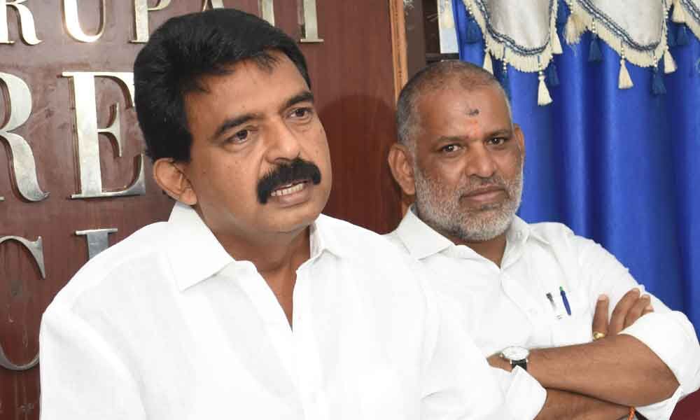 Information and Public Relations Minister Perni Venkataramaiah (Nani) addressing the media in Tirupati on Friday. Chandragiri MLA Chevireddy Bhaskar Reddy is seen.