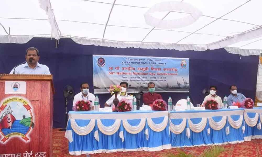 Chairman of VPT K Rama Mohana Rao addressing at the 58th National Maritime Day celebrations in Visakhapatnam on Monday